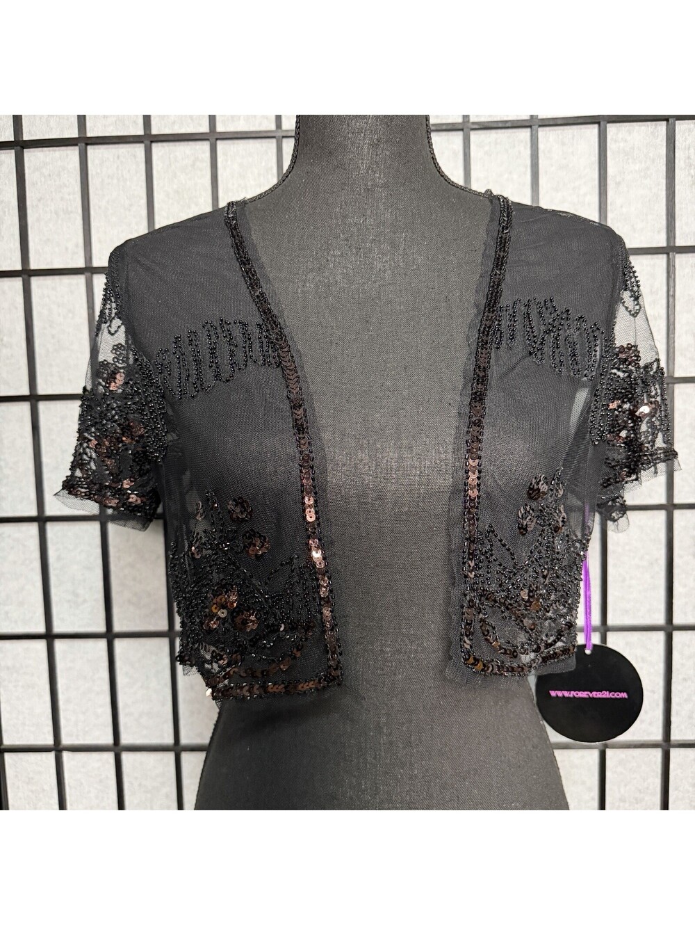 Forever 21 Black Sequin Beaded Mesh Bolero Shrug NWT Deadstock Goth Sz S